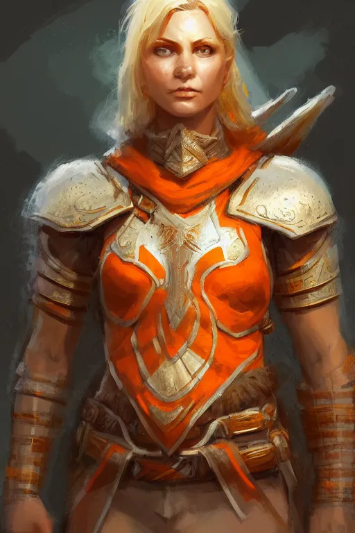 Image similar to full - body portrait of a ranger, female, white and orange breastplate, magical, high fantasy, d & d, by craig mullins, face details, extremely detailed, digital illustration