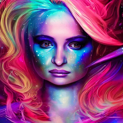 Prompt: a galaxy pink purple and blue colored psychedelic ethereal portrait of kim petras with her eyes closed transcending to a higher plane of existence, eternal blessing, multiverse, by android jones, by ben ridgeway, visionary art, by artgerm, featured on artstation, cgsociety, by greg rutkowski