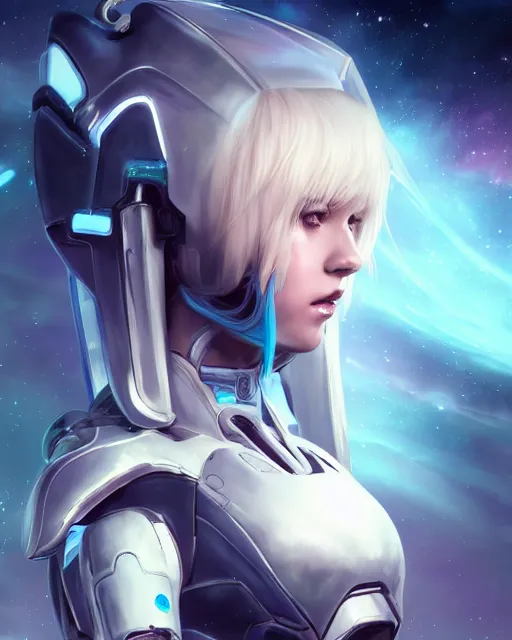 Image similar to perfect android girl on a mothership, warframe armor, beautiful face, scifi, futuristic, galaxy, nebula, raytracing, dreamy, long white hair, blue cyborg eyes, sharp focus, cinematic lighting, highly detailed, artstation, divine, by gauthier leblanc, kazuya takahashi, huifeng huang