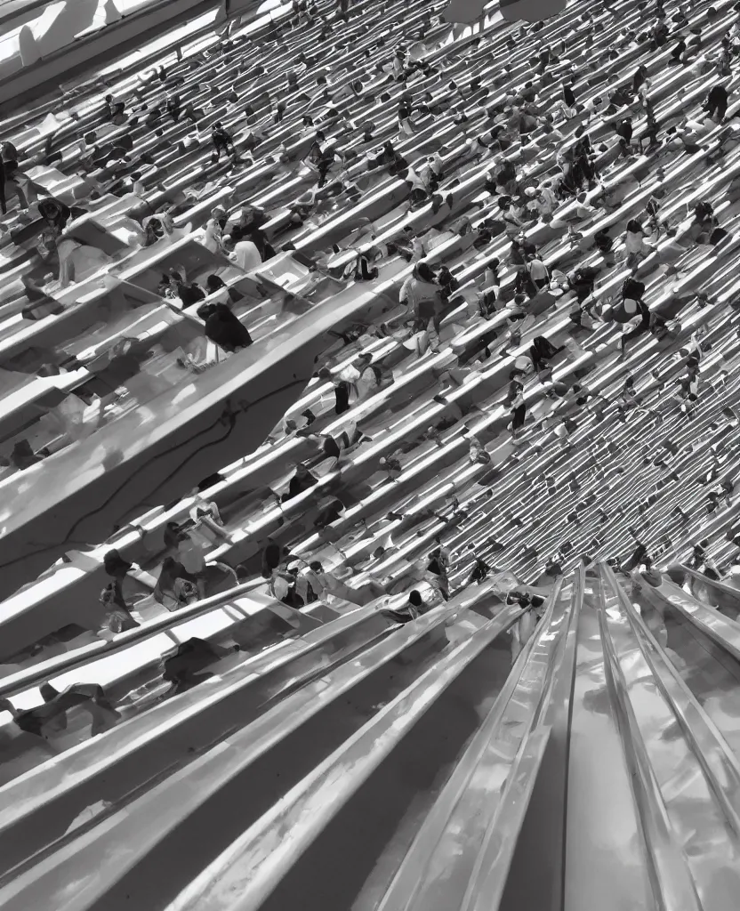 Prompt: rows of escalators leading endlessly into the sky, sunny day, clouds, cinematic, masterpiece