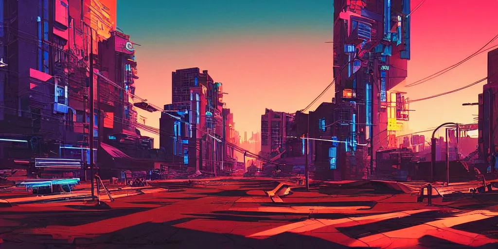 Image similar to brick buildings urban street neon futuristic cyberpunk vaporwave tron glow sunset clouds sky illustration by syd mead concept art