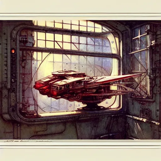 Image similar to ( ( ( ( ( 1 9 5 0 s retro future intricate machine spaceship large window. muted colors. ) ) ) ) ) by jean baptiste monge!!!!!!!!!!!!!!!!!!!!!!!!! chrome red