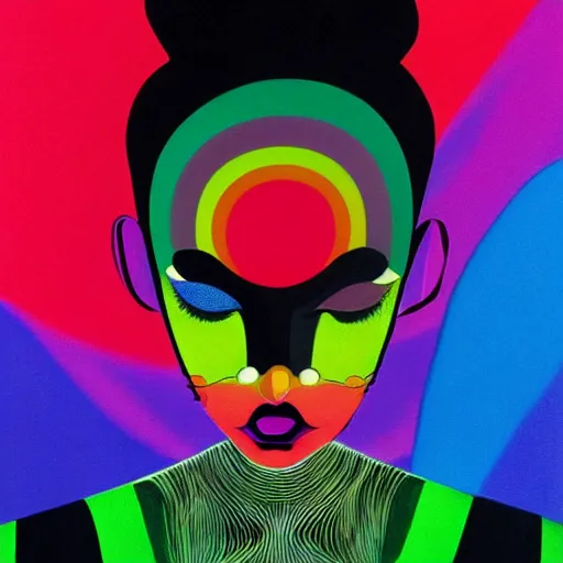 Image similar to closeup portrait of a black woman with yellow eyes and a rainbow background, digital art by tomokazu matsuyama, by ed paschke, by agnes pelton, by patrick nagel, behance contest winner, generative art, irridescent, holography, neon, dark art, retrowave, grain, androgynous, black background