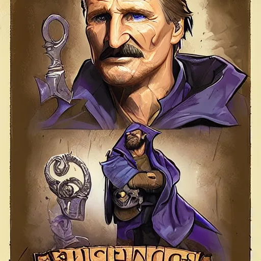Image similar to Mustachioed Liam Neeson as Burl Gage, Antimage, casting Eldritch Bolt, iconic Character illustration by Wayne Reynolds for Paizo Pathfinder RPG