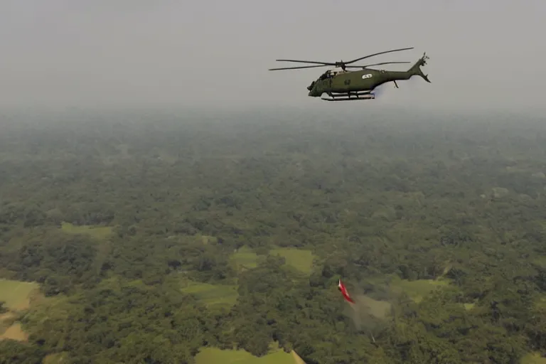 Image similar to bangladesh army commander jumping from a helicopter, cinematic shot, motion still, atmospheric