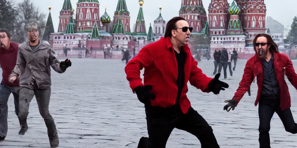 Image similar to nicolas cage as freddy krueger chasing lora palmer on the red square in moscow. cinematic trailer high resolution