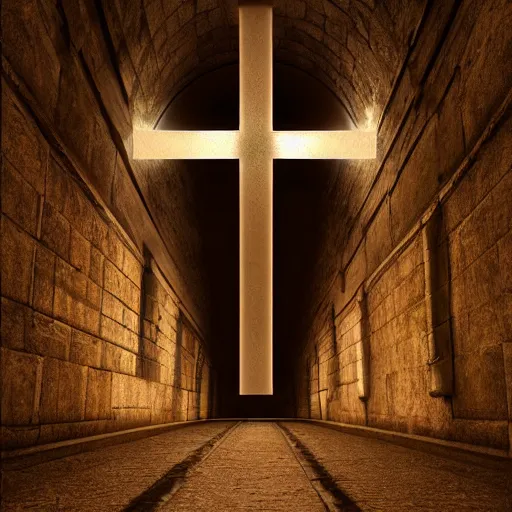 Image similar to a christian cross made out of light at the end of a tunnel, concept art by Doug Chiang cinematic, realistic painting, high definition, digital art, symmetrical, very detailed, extremely high detail, photo realistic, concept art, unreal engine 5,