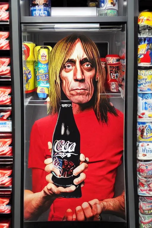 Prompt: a bottle of cola with iggy pop's head on it, in a store refrigerator