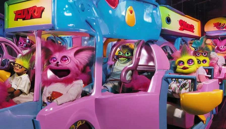 Prompt: 1990s photo of inside the classic Furby ride at Universal Studios in Orlando, Florida, children riding in a Furby vehicle through Furby world, muted colors, cinematic, UHD