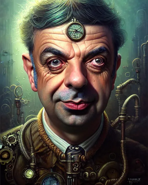 Image similar to underwater steampunk portrait of rowan sebastian atkinson, by tomasz alen kopera and peter mohrbacher