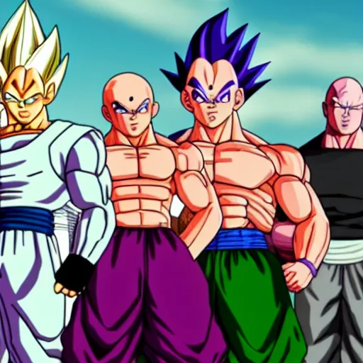 Prompt: Screenshot of Vegeta, Frieza, Cell, Majin Buu and Broly in the game GTA V, highly detailed