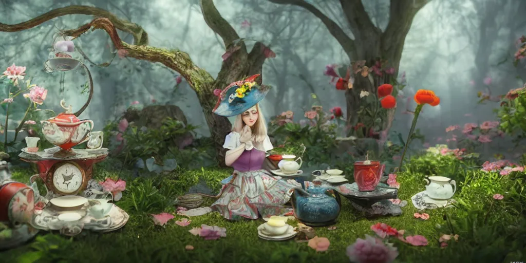 Prompt: alice in wonderland tea with mad hat 3 d, mistic atmosphere, cute, octane render, redshift render, intricate, insanely detailed, morning light, ambient occlusion, sub surface scattering, well rendered