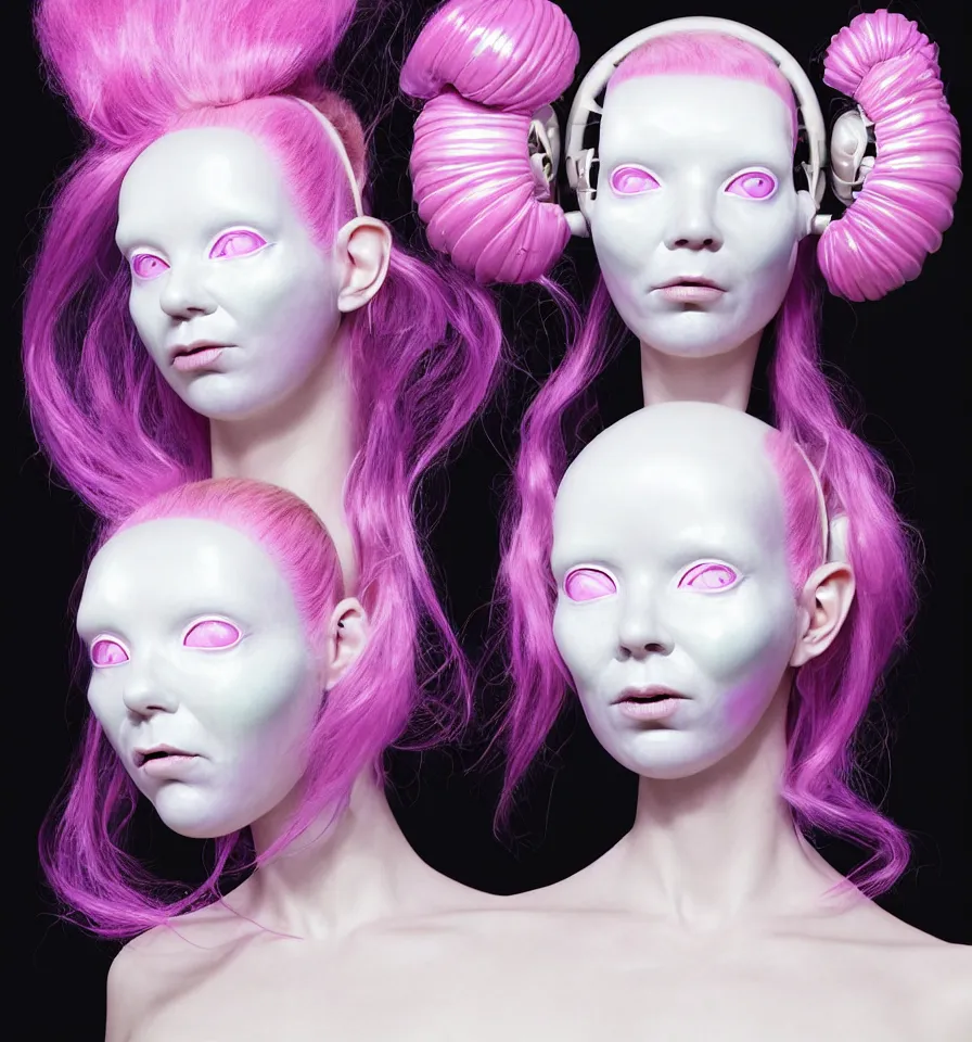 Image similar to portrait of a alien futuristic goddess wearing an art nouveau iridescent beauty mask and pink hair buns, wearing a black bodysuit by alexander mcqueen, cream white background, soft diffused light, biotechnology, humanoid robot, perfectly symmetric, bjork aesthetic, translucent, by rineke dijkstra, intricate details, highly detailed, masterpiece,