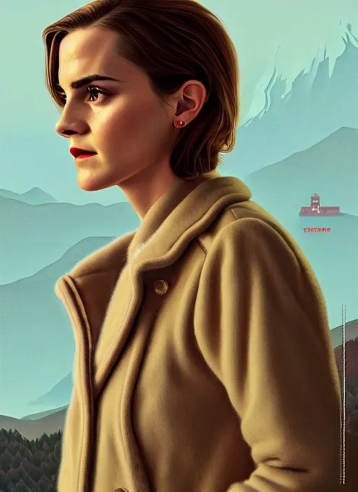 Image similar to twin peaks movie poster art, portrait of emma watson, from scene from twin peaks, clean, simple illustration, nostalgic, domestic, highly detailed, digital painting, artstation, concept art, smooth, sharp focus, illustration, artgerm, donato giancola, joseph christian leyendecker, wlop