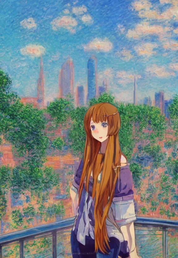 Prompt: wide angle portrait of a teenage girl, a thrifty outfit, very anime in impressionist style, city background, anime trending artwork, anime painter studio, by claude monet