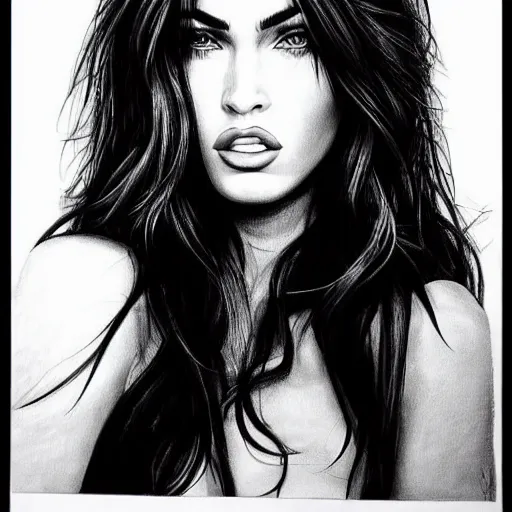 Image similar to megan fox portrait, hyper - realistic black and white drawing, amazing detail, in the style of den yakovelv