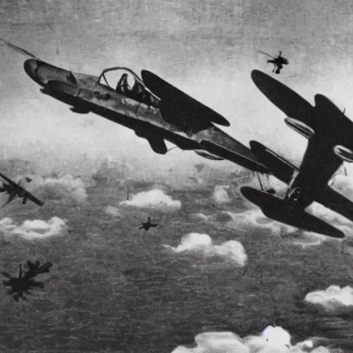 Prompt: photo of Japanese dogfighters in an aerial battle against a giant oriental dragon, world war 2, Color,