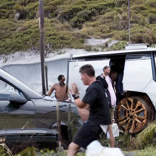 Image similar to elon musk being hunted by island locals, style colonialism