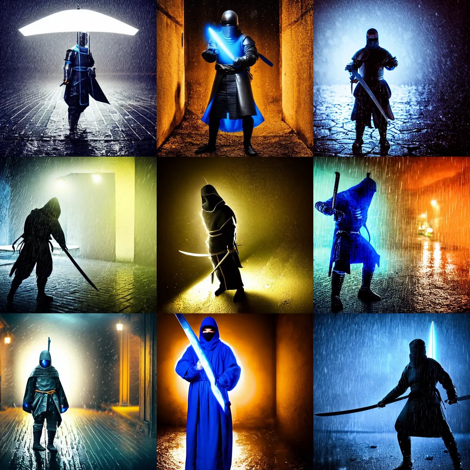 Prompt: ultra realistic ninja character as a medieval knight staying in the rain with sword that glows with blue electricity shot from professional camera, rim light, rainy weather, vivid lights night time, dark mood