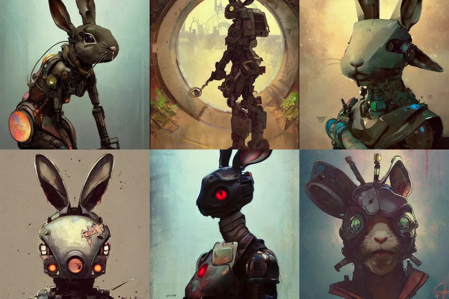 Prompt: grungy rabbit hare that is half robot illustration by greg rutkowski, thomas kindkade, alphonse mucha, cyborg bunny, norman rockwell. Trending on artstation.