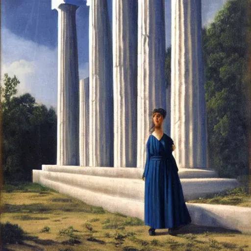 Image similar to a woman in a long dark blue dress is standing in front of a greek temple, by carel willink