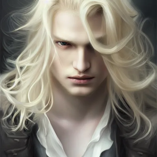 Prompt: digital art of a pale menacing Angel of Battle with long blond curls of hair and piercing eyes, johan liebert mixed with Dante, central composition, he commands the fiery power of resonance and wrath, very very long blond curly hair with bangs!!!, baroque curls, by Ross Tran Rossdraws and WLOP, Artstation, CGsociety