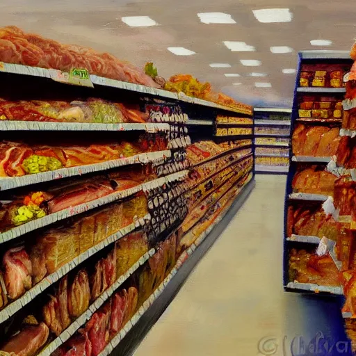 Prompt: an oil painting of a grocery store's meat aisle