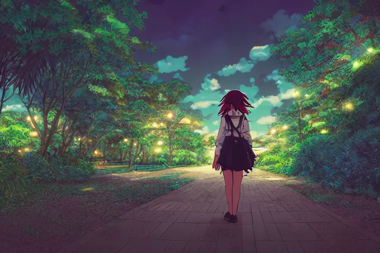 Image similar to anime woman walking, tropical island, night time, wide angle, by studio ghibli, yuumei, anime, hazy, foggy, ambient lighting, cottagecore,