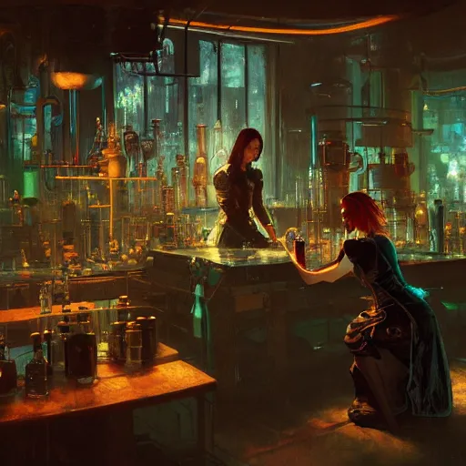 Image similar to cyberpunk alchemy laboratory full of potions, ciri from the witcher it's in the lab. by jeremy mann and alphonse mucha, photo realistic, dynamic lighting, artstation, poster, volumetric lighting, highly detailed faces, 4 k, award winning