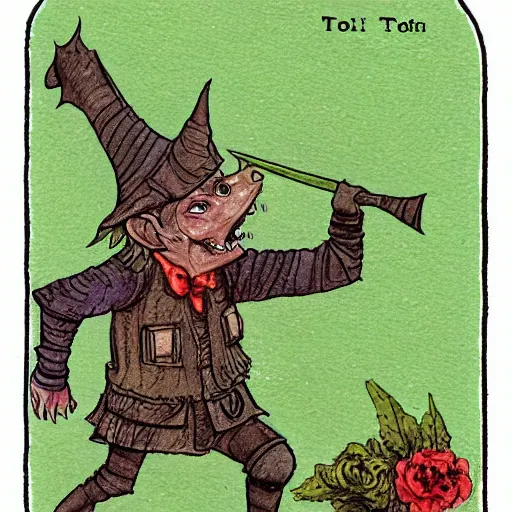 Image similar to detailing trot card style illustration of goblin by by Pamela Colman Smith