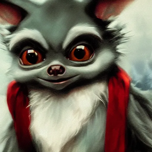 Image similar to detailed cinematic moody colors studio portrait of gizmo the gremlin in a christmas scene, high quality by jeremy mann, only one head single portrait