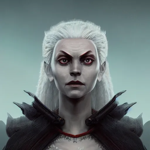Prompt: portrait of a dunmer woman with white hair pulled back standing inside velothi temple dark elf intricate portrait by Tooth Wu and wlop and beeple and Dan Mumford. Octane render, trending on artstation, greg rutkowski very coherent symmetrical artwork. Cinematic, hyper realism, high detail 8k