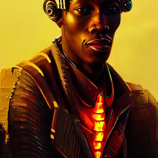 Prompt: shaka zulu as a cybperpunk gangster, eating fire in the neon ghetto, by greg rutkowski and android jones in a surreal portrait style, cyberpunk, oil on canvas, 8k