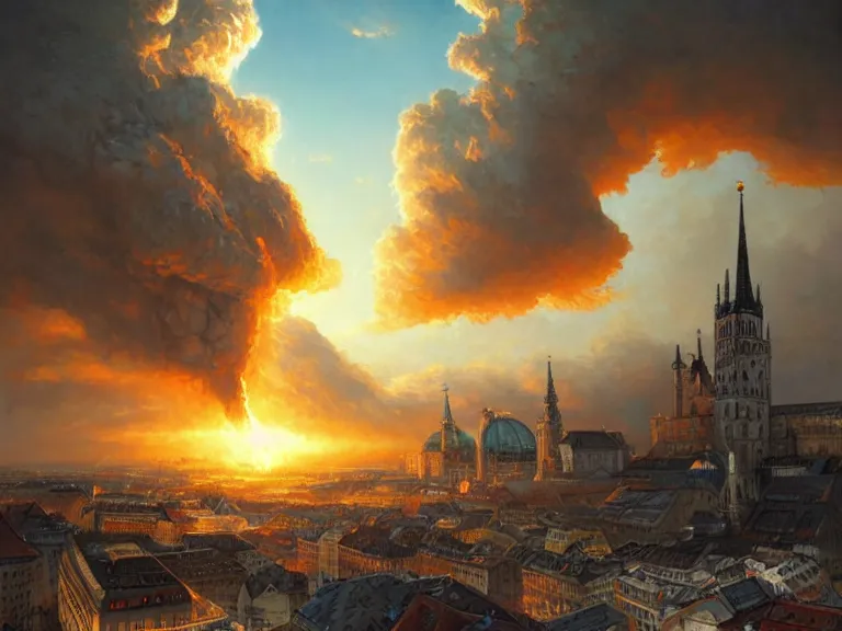 Image similar to , city of munich!!!, nuclear explosion!!!, rubble, hyperrealistic, highly detailed, cinematic, single ray of golden sunlight, beautiful, cgssociety, artstation, 8 k, oil painting by greg rutkowski, by artgerm, by wlop