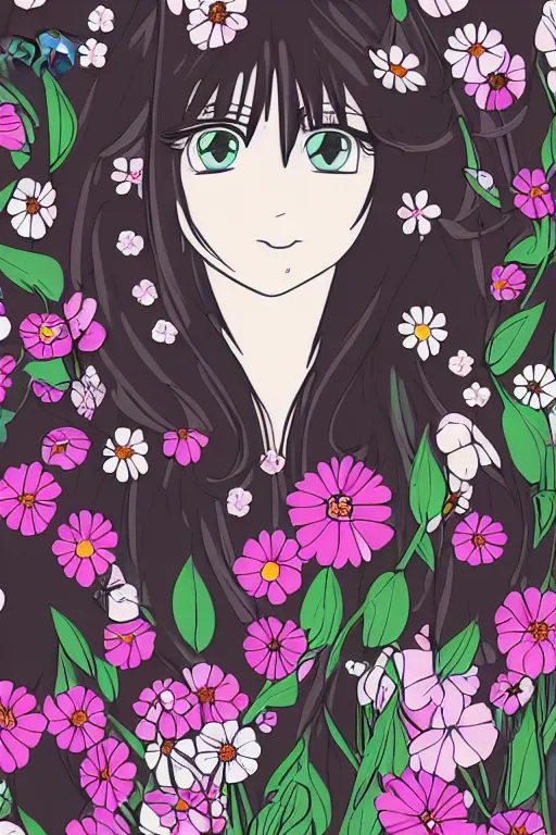 Image similar to spring flowers, happy and beautiful, by jacdraws, thick black lineart, anime