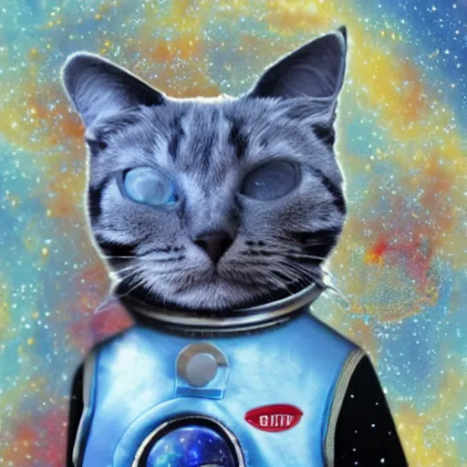 Image similar to ultrarealism, vast spaces, cosmic background, cat in space suit