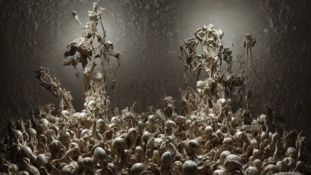 Image similar to an epic sculpture made of marble and ivory, a horde of cosmic skeletons attacking, by gustave dore, by zdzisław beksinski, by emil melmoth, sculpture standing on in a large studio space, monumental, epic, detailed, intricate, volumetric lighting, realistic, octane render, in frame, 2 0 % pearlescent detailing