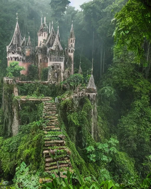 Prompt: photo of a beautiful heavenly castle built with sticks and stones in the deep jungle, misty godrays