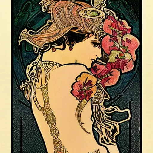 Image similar to embroidery tattoos painted by alphonse mucha