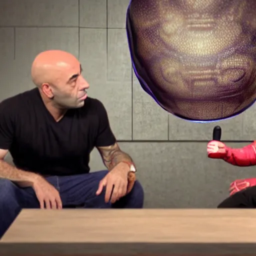 Image similar to joe rogan interviewing an inter - dimensional dmt alien, octane render