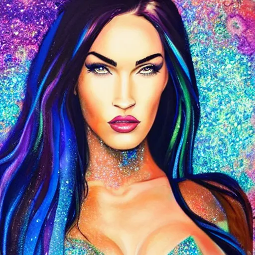 Prompt: “Megan Fox glitter paints paintings, glitter face and body, glitter background, ultra detailed portrait, 4k resolution”