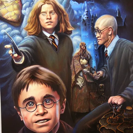 Prompt: detailed portrait of harry potter if his parents lived intricate, hyper detailed, realistic, oil painting, by julie bell, frank frazetta, cinematic lighting