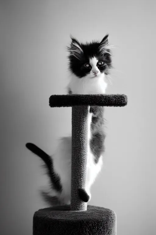 Image similar to “ fluffy kitten lying on cat tree, cozy living room, warm, cotton, dramatic lighting, extremely high quality, leica m - a, lux 3 5 fle, portra 8 0 0 ”