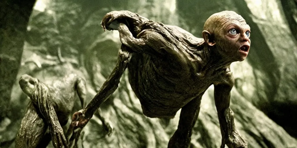 Image similar to Daniel Redcliffe as Golum, IMAX still shot from Lord of the rings