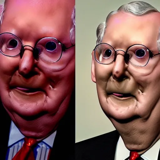 Image similar to the melting slimy face of villain mitch mcconnell flesh monster. horror film photograph.