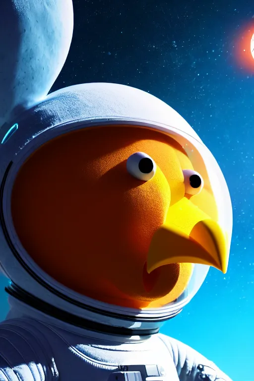 Image similar to a lonely chicken wearing a space suit without helmet in a alien planet, profile picture, digital art, concept art, trending on DeviantArt, highly detailed, high quality, 4K, cartoon, high coherence, path traced, blue sky in the background, octane render, digital painting, no helmet, masterpiece, anatomically correct, hyperrealistic