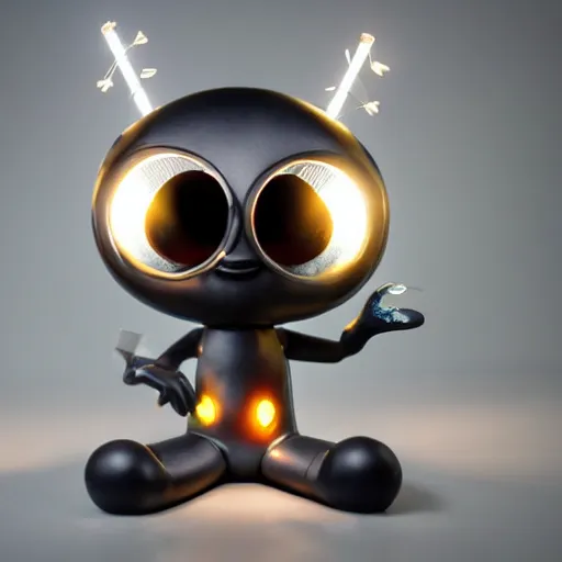 Image similar to a highly detailed vinyl figure with lighting bolts coming out of its eyes, square nose, electric eyes, sparking eyes, realistic lighting, realistic reflections