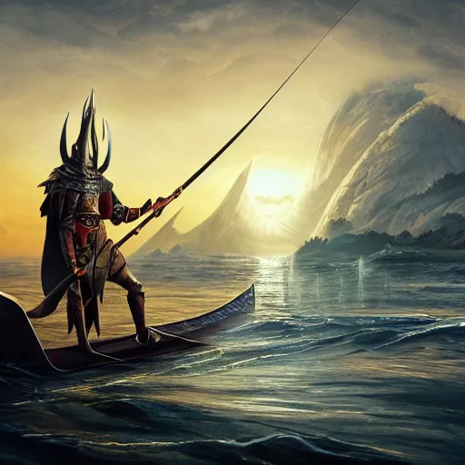 Image similar to lord sauron on his new paddle fishing a giant swordfish, digital art, trending on art station, high quality, uhd 8 k, beautiful, golden hour, intricate detail, high gradient, raytracing