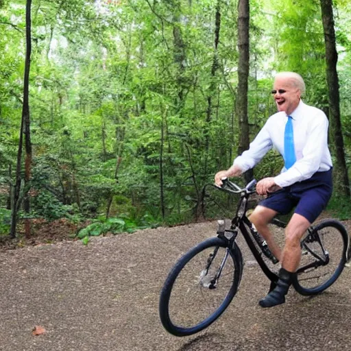 Prompt: joe biden wearing a tutu, riding a bike in the forest