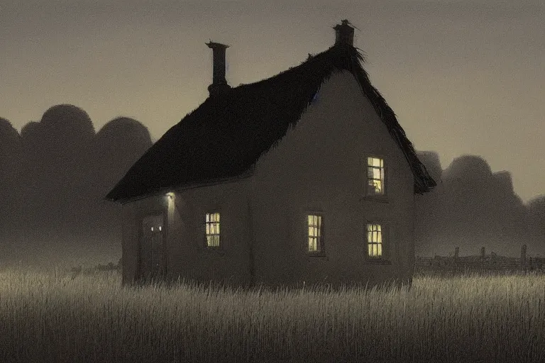 Prompt: a cinematic hyperrealism highly detailed photograph of a small cottage in a dark black night on a wide prairie, by issac levitan and studio ghibli, deviantart